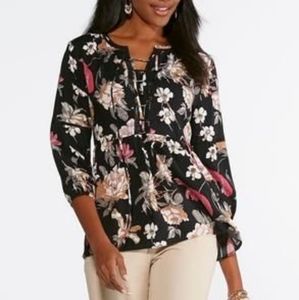 Floral Lace Neck Peasant Blouse, L